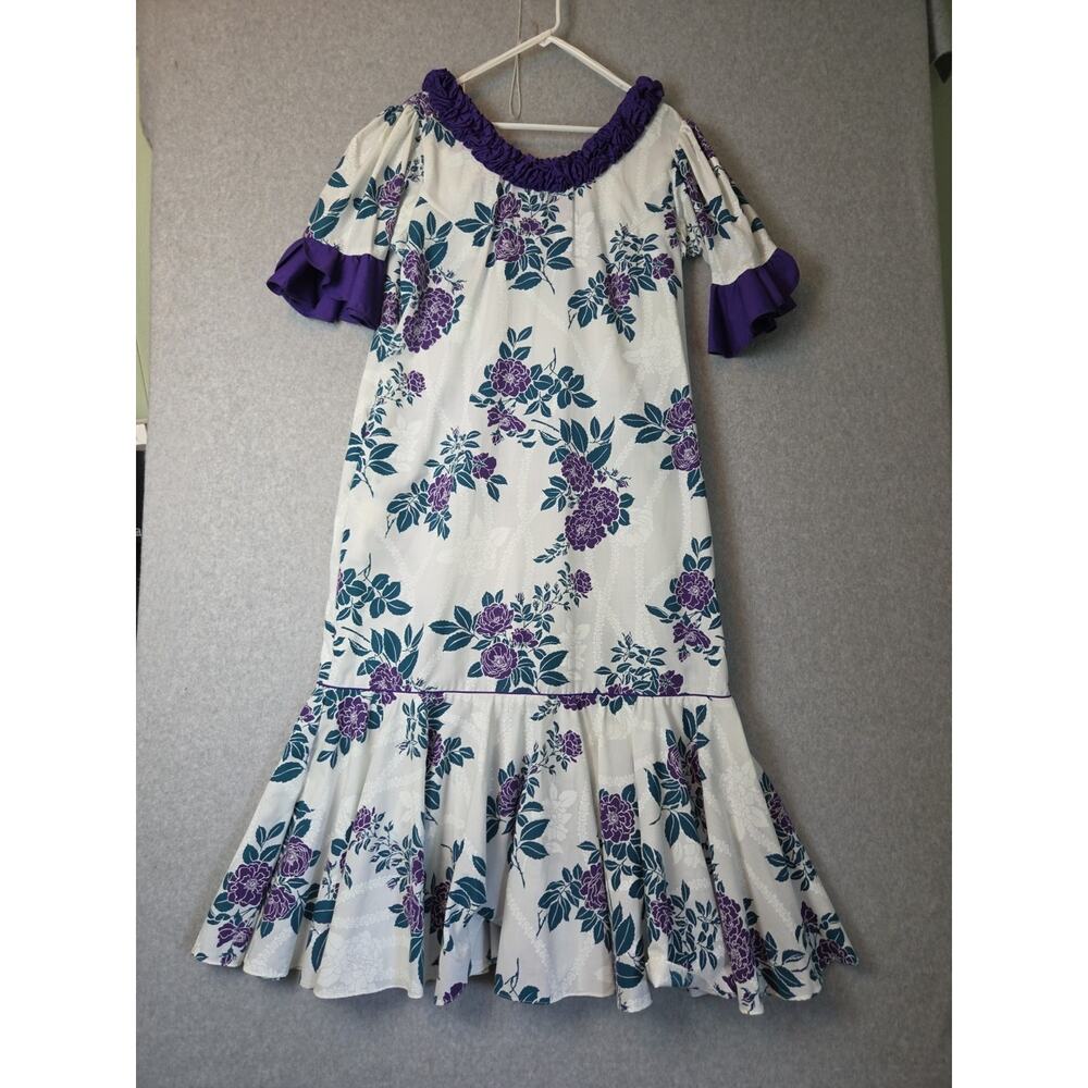 Vintage Tropical Hawaii Island SS Ruffled Neck Maxi Muumuu Women's XL Pockets